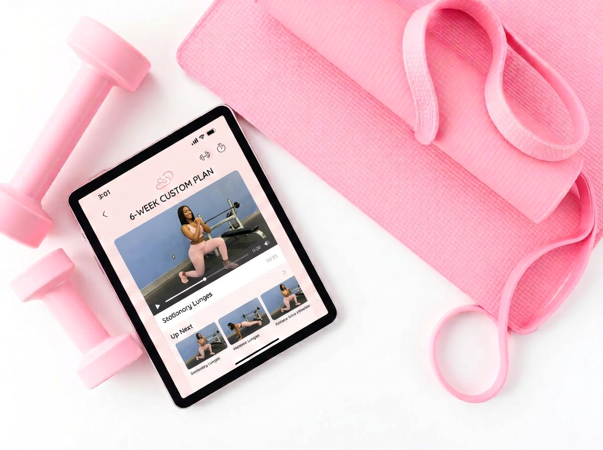 Tablet displaying a customized 6-week workout plan beside pink dumbbells, yoga mat and resistance bands